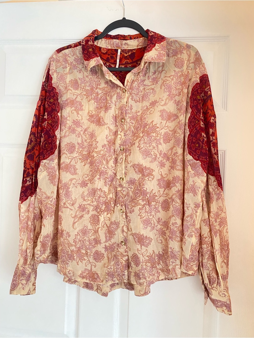 Free People Cream Button-Down Blouse Red Floral Accents Rosebud Paisley Cotton